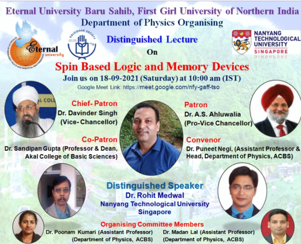 Exploring Spintronics – Eternal University’s Distinguished Lecture Series with Dr. Rohit Medwal from NTU Singapore